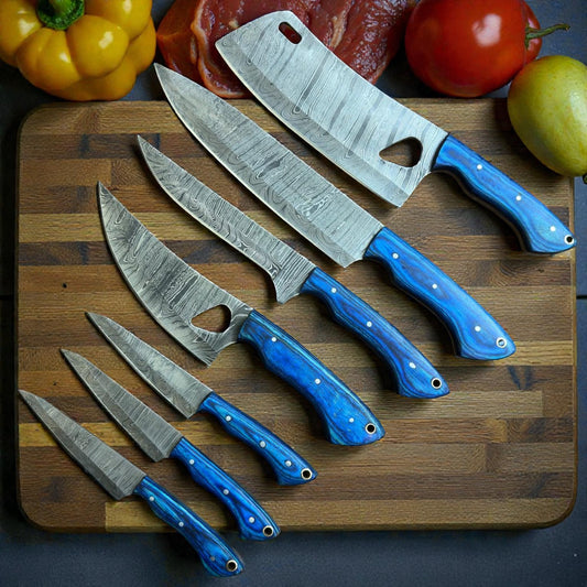 Premium Damascus Steel Kitchen Knife Set (7-Piece) – Hand-Forged Chef Knives with Blue Wood Handles