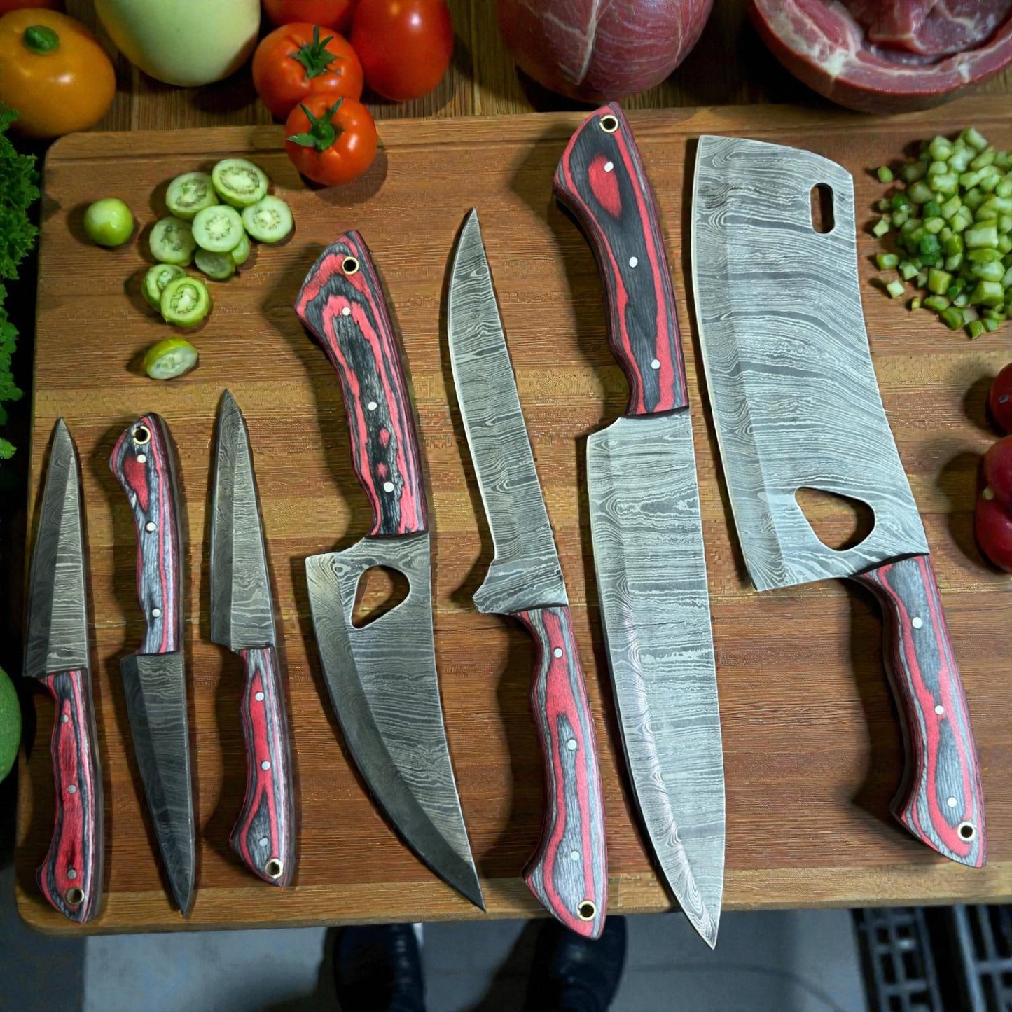 Premium Damascus Steel Kitchen Knife Set (7-Piece) – Hand-Forged Chef Knives Red & Black Wood Handles
