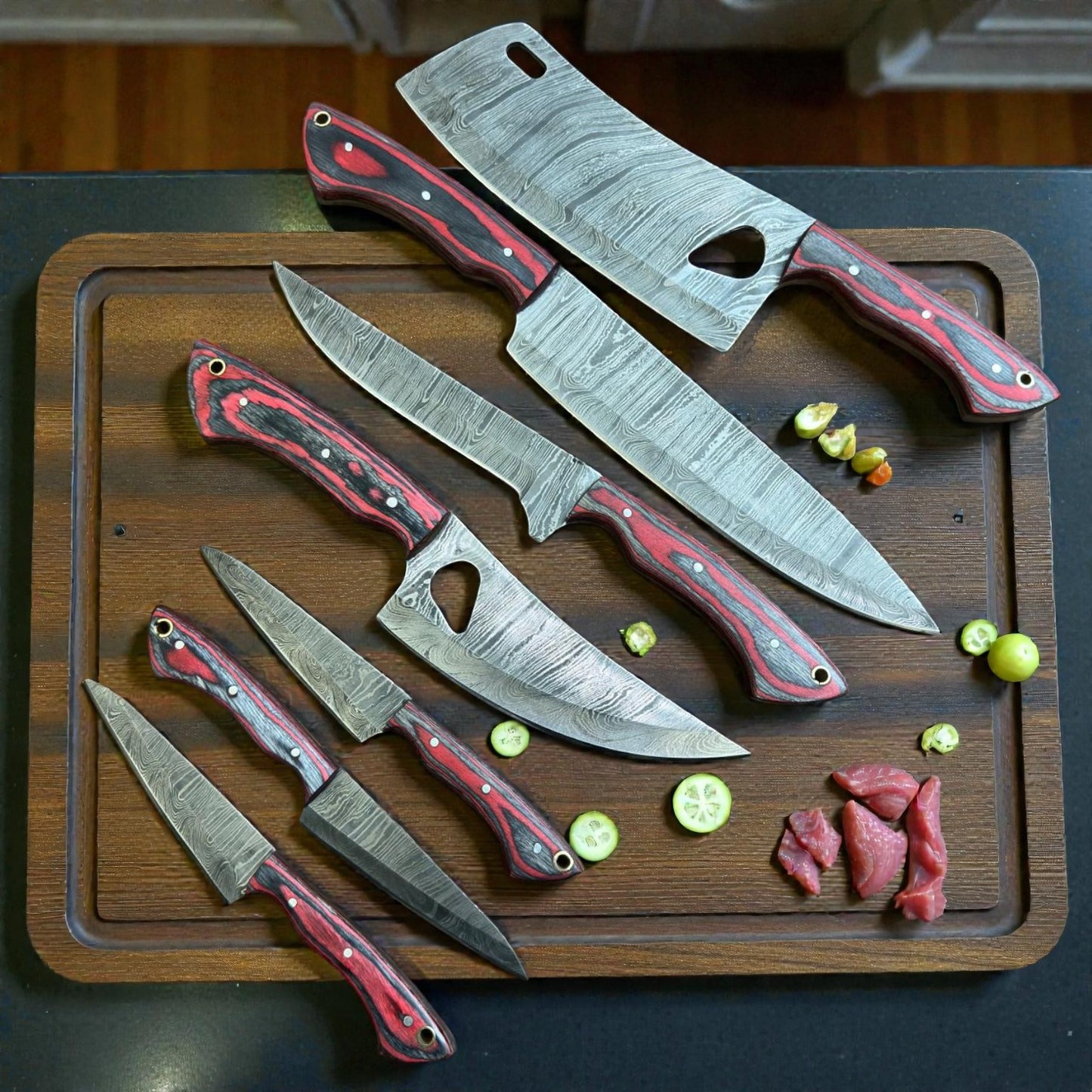 Premium Damascus Steel Kitchen Knife Set (7-Piece) – Hand-Forged Chef Knives Red & Black Wood Handles
