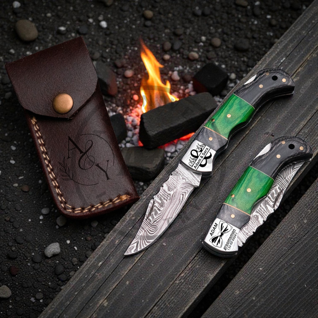 Handmade Damascus Steel Folding pocket knife Green Pakka Wood Handle with Steel Bolster