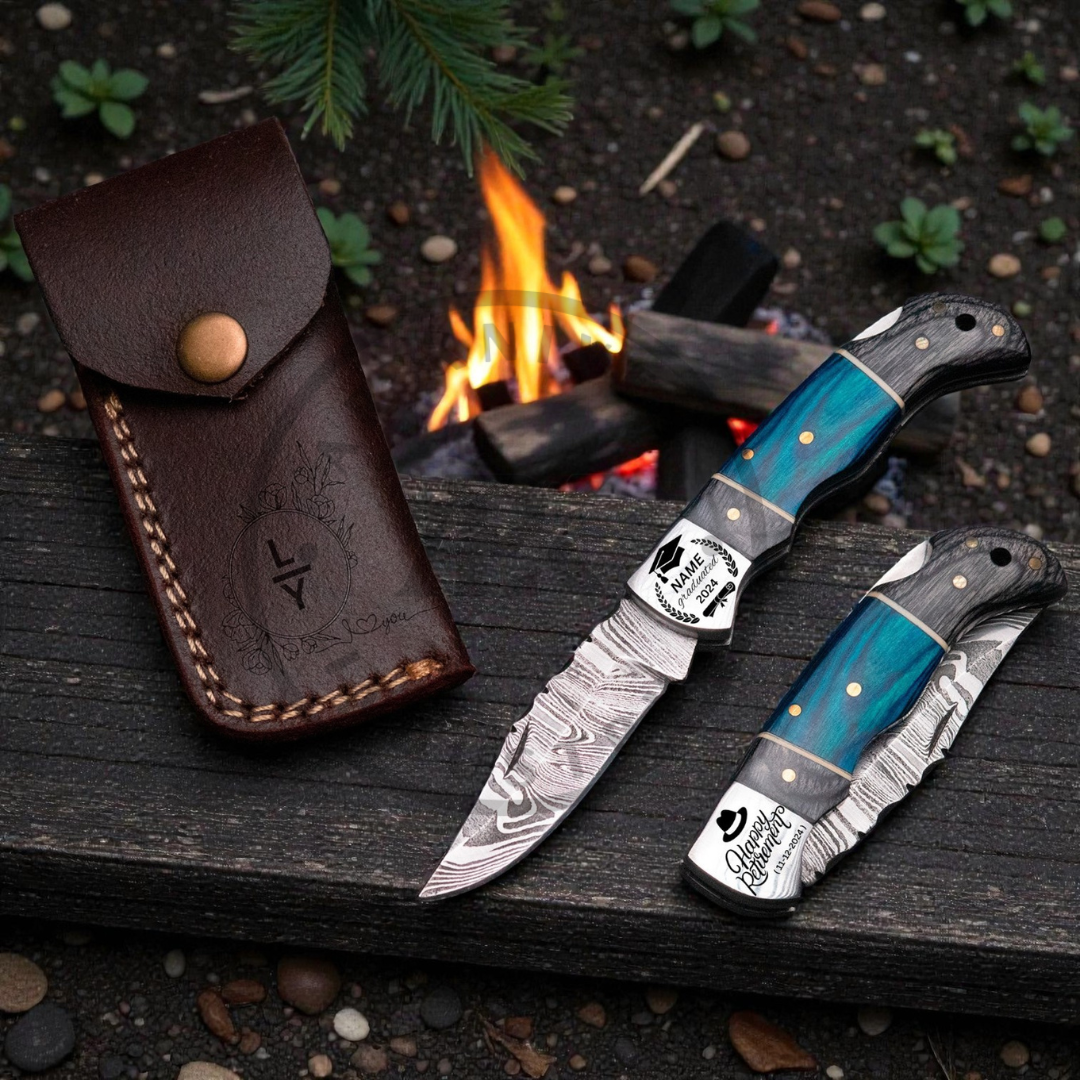 Handmade Damascus Steel Fixed Blade Knife – Blue Laminated Wood Handle Valentine day EDC USE