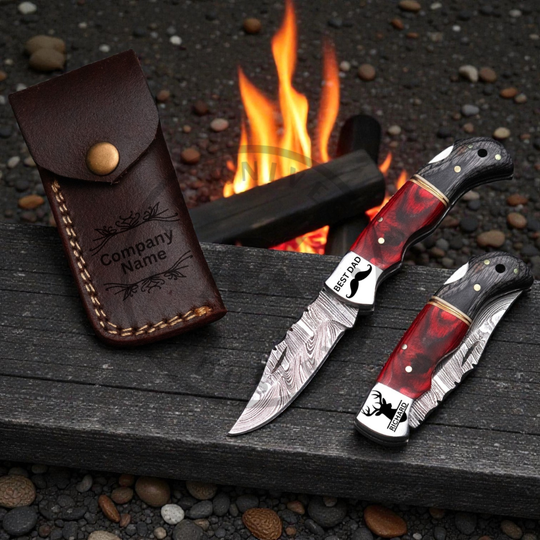 Red Handmade Damascus Steel Hunting Knife | Laminated Wood Handle | Fixed Blade Custom Knife