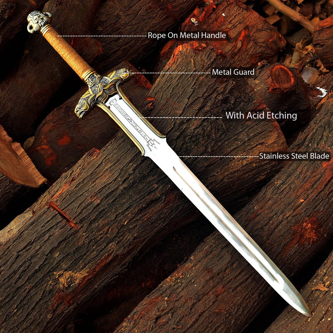 Handmade Conan Atlantean Sword 1095 Carbon Steel Brass Fittings, Black with Leather Sheath Viking sword - dark- conan sword