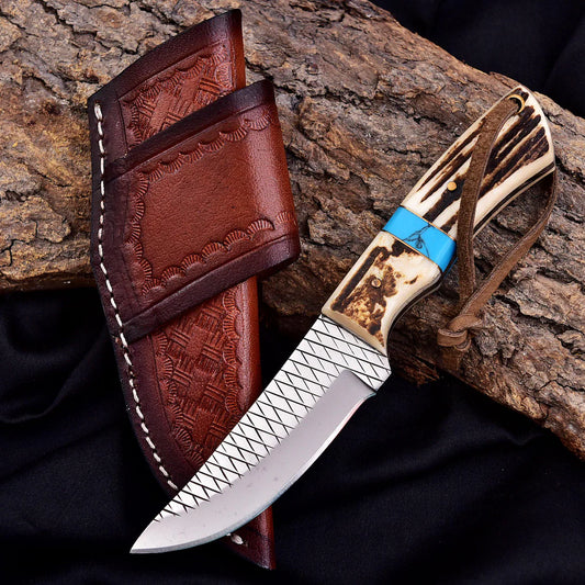 Western Cowboy Knife Rasp Stainless Steel | Fixed Blade Hunting Knife with Leather Sheath