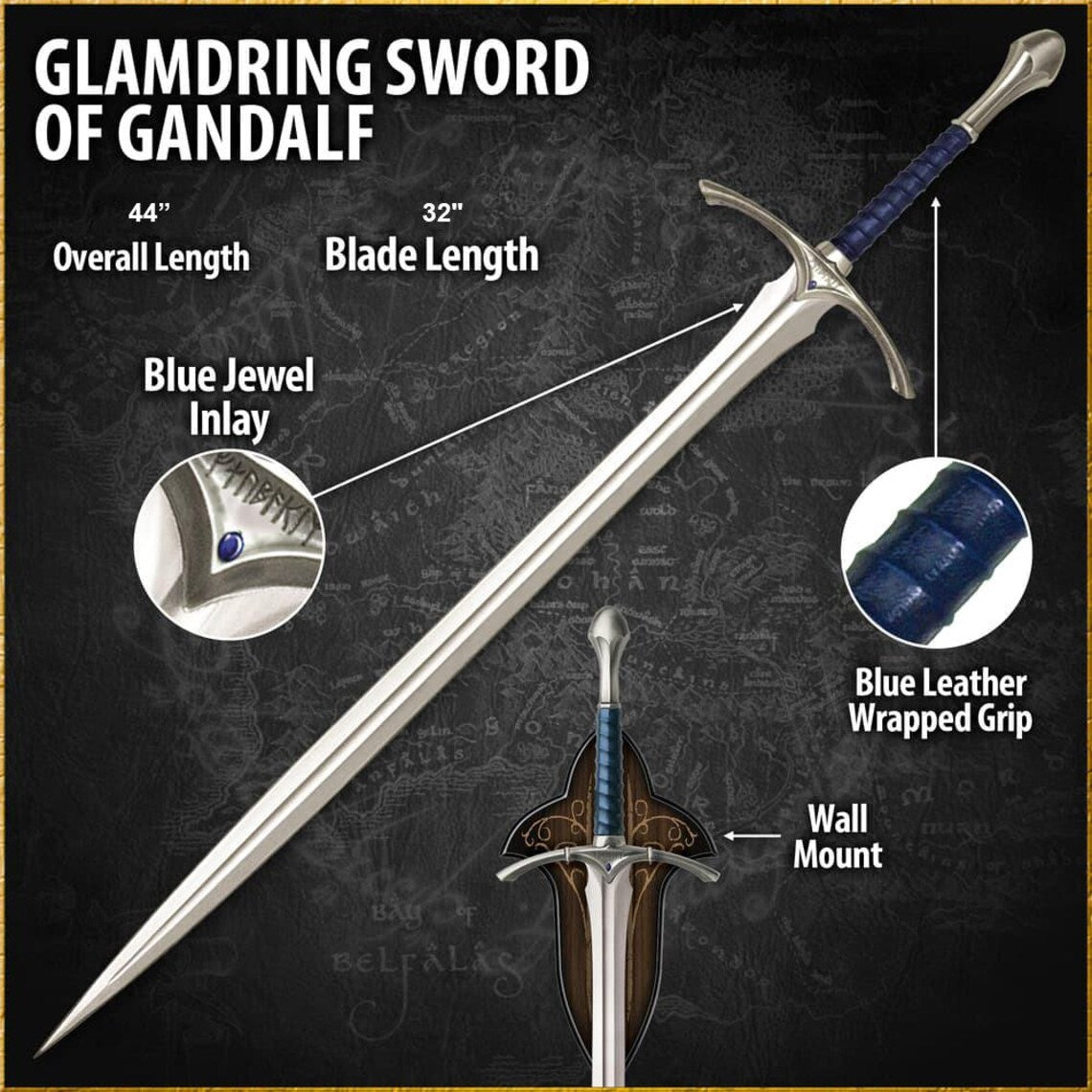 Glamdring Sword Replica 44 Inch – Medieval Fantasy Long Sword – Stainless Steel Display Sword with Blue Leather Grip