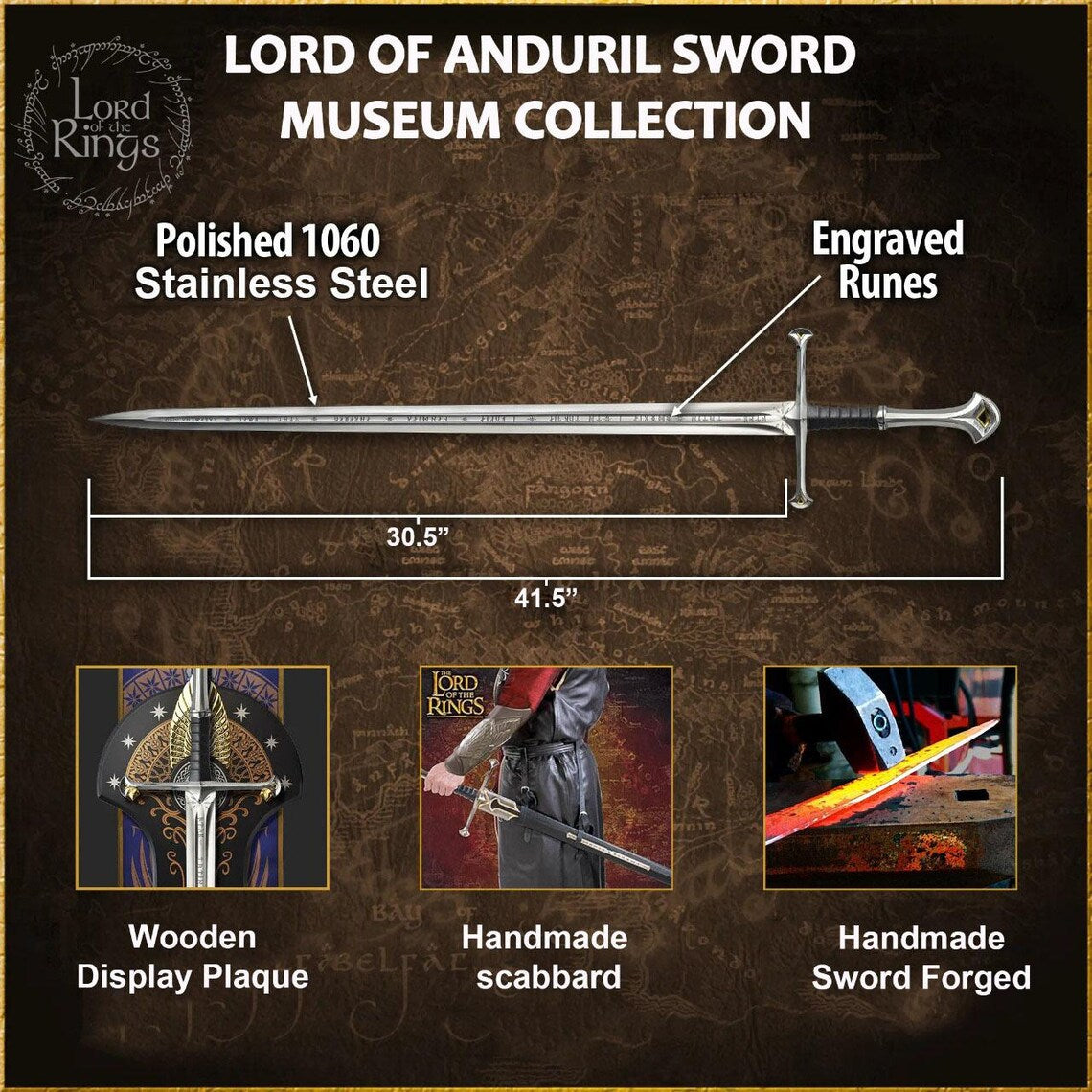 Anduril Sword Replica Full Size – Medieval Fantasy King Long Sword – Stainless Steel Engraved Display Sword