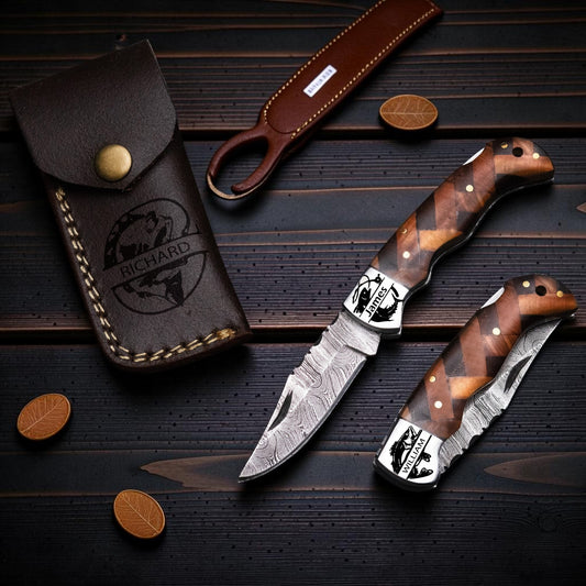 Handmade Damascus Steel Folding Pocket Knife – Perfect Father's Day Gift | Wood Handle