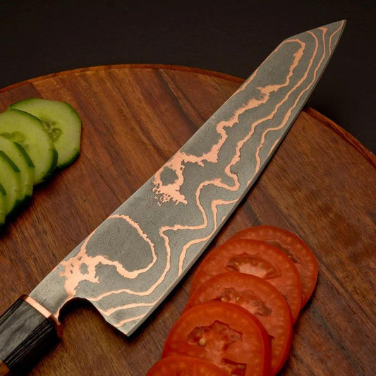 Copper Damascus Chef Knife – 8” Professional Kitchen Knife Slicing vegetables