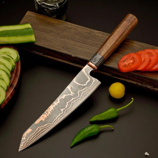 Copper Damascus Chef Knife – 8” Professional Kitchen Knife Slicing vegetables