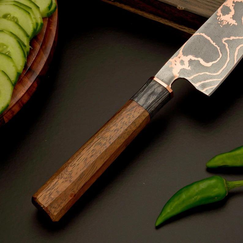 Copper Damascus Chef Knife – 8” Professional Kitchen Knife Slicing vegetables