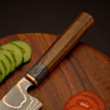 Copper Damascus Chef Knife – 8” Professional Kitchen Knife Slicing vegetables